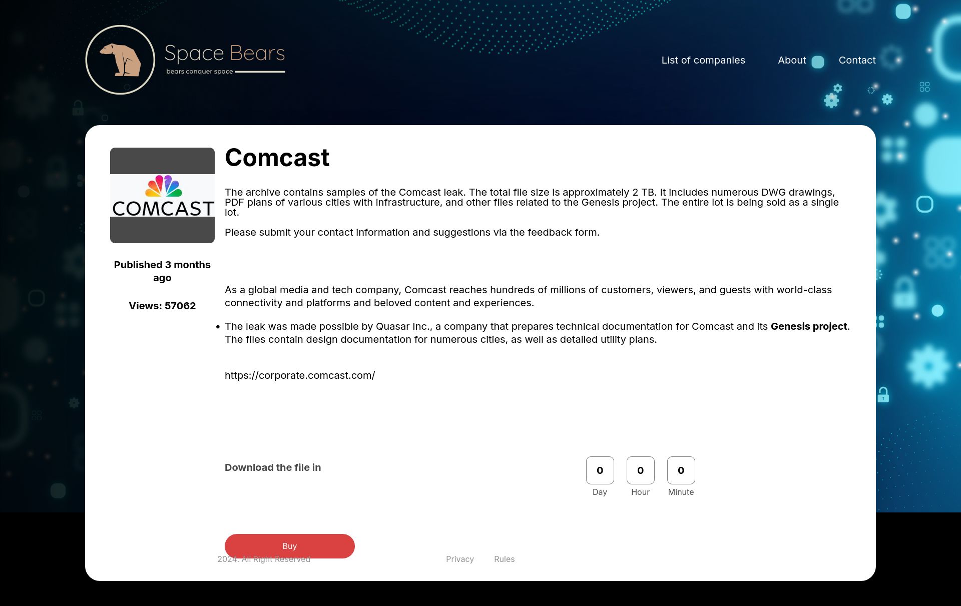 Screenshot of Comcast leak page