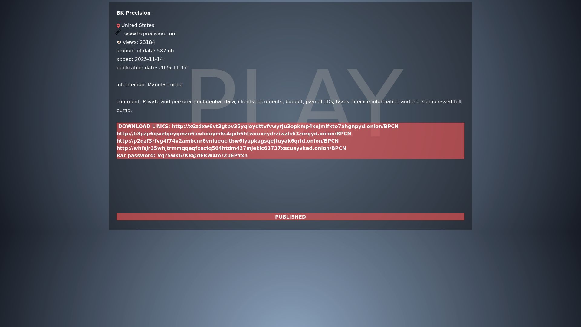 Screenshot of BK Precision leak page
