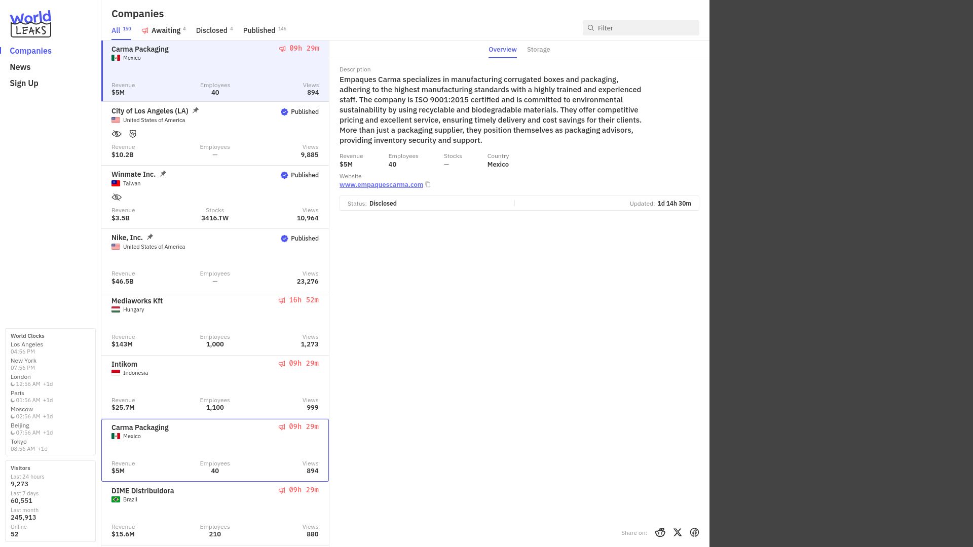 Screenshot of Carma Packaging leak page