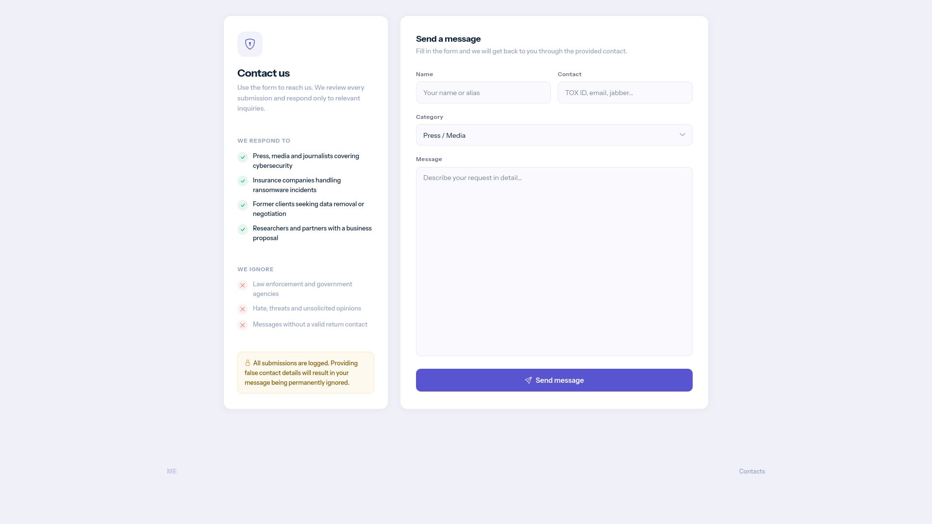 Screenshot of Contact us leak page
