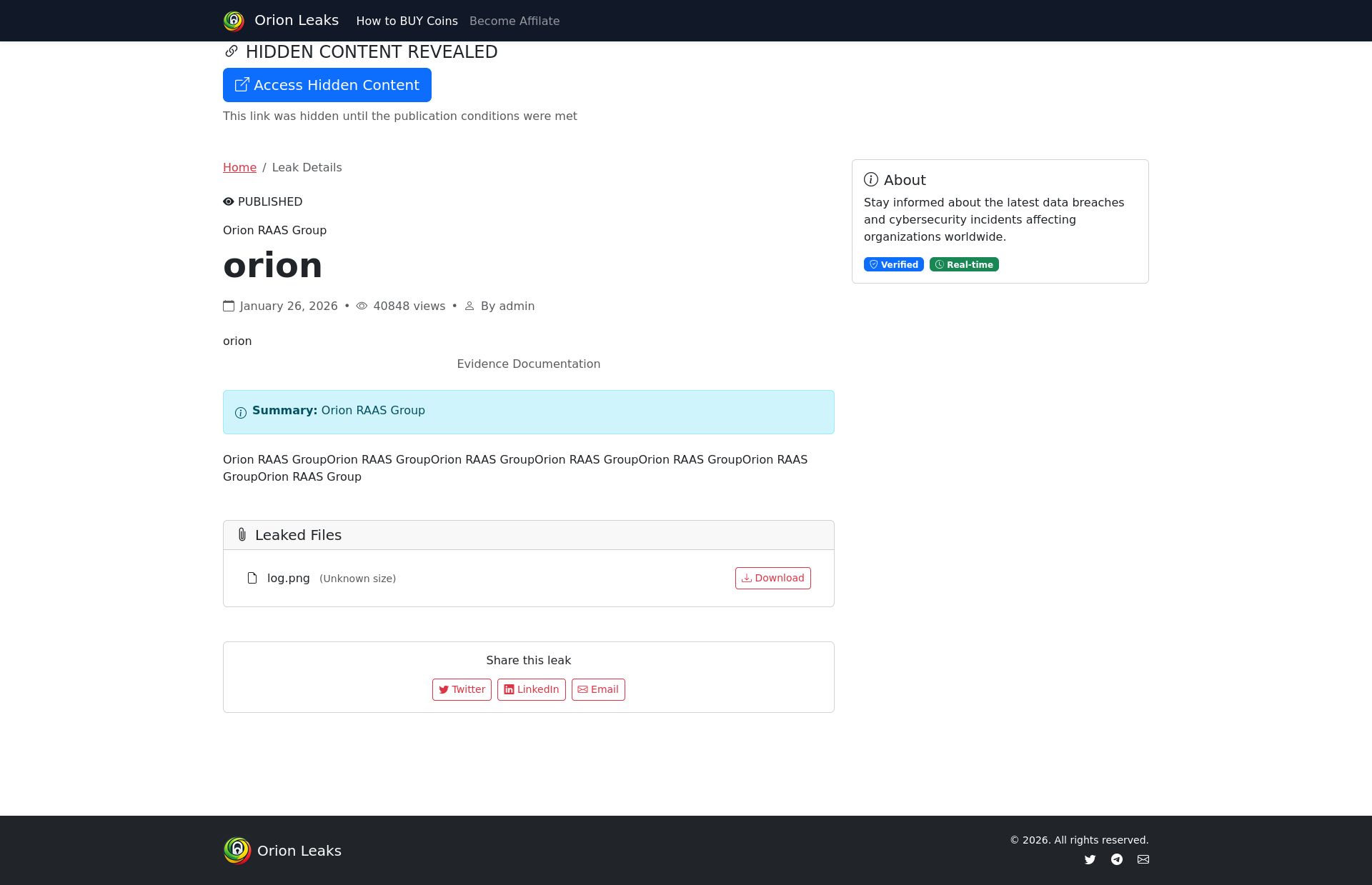 Screenshot of orion 37008 views Jan 26 · Orion RAAS Group PUBLISHED leak page