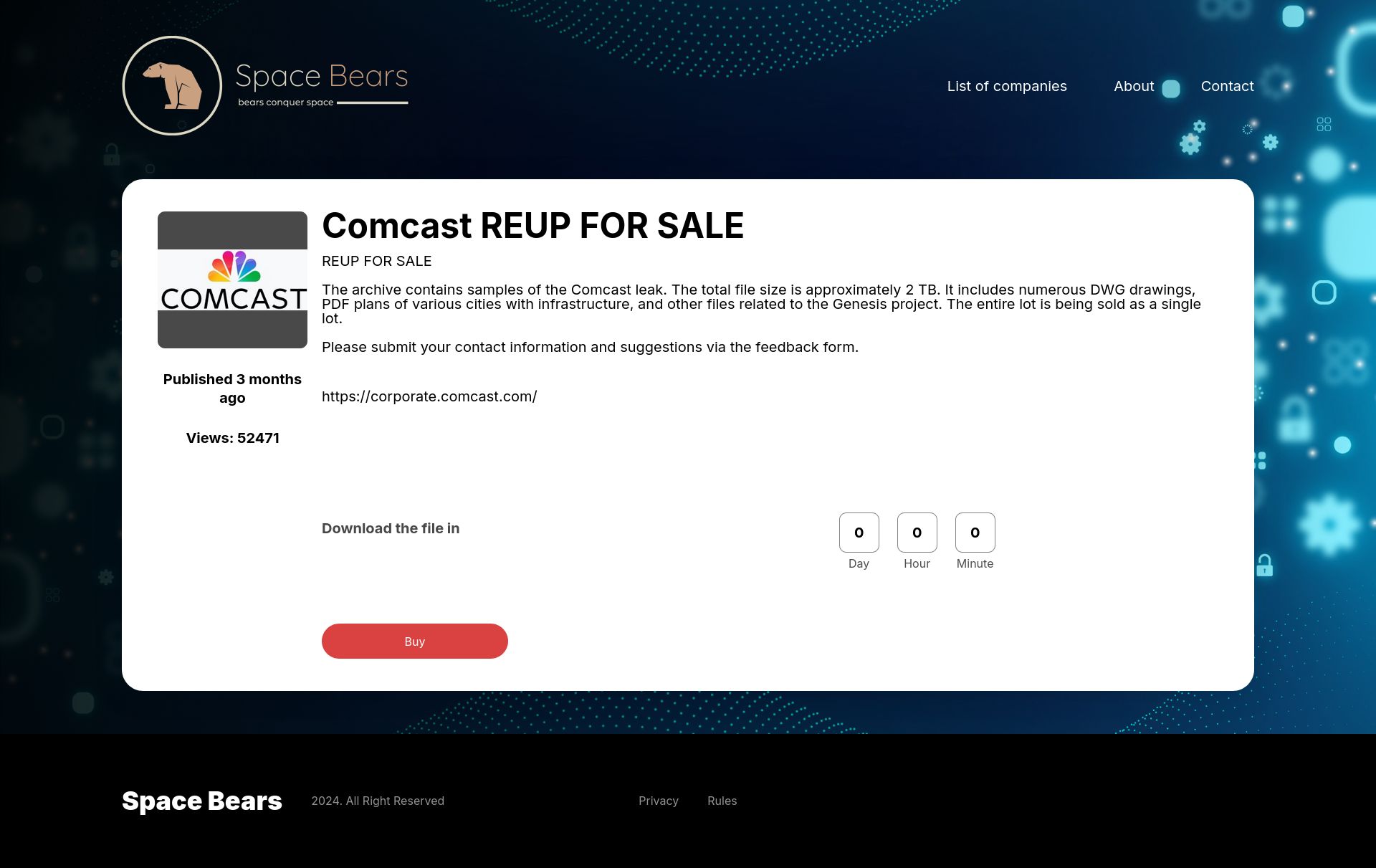 Screenshot of Comcast REUP FOR SALE leak page