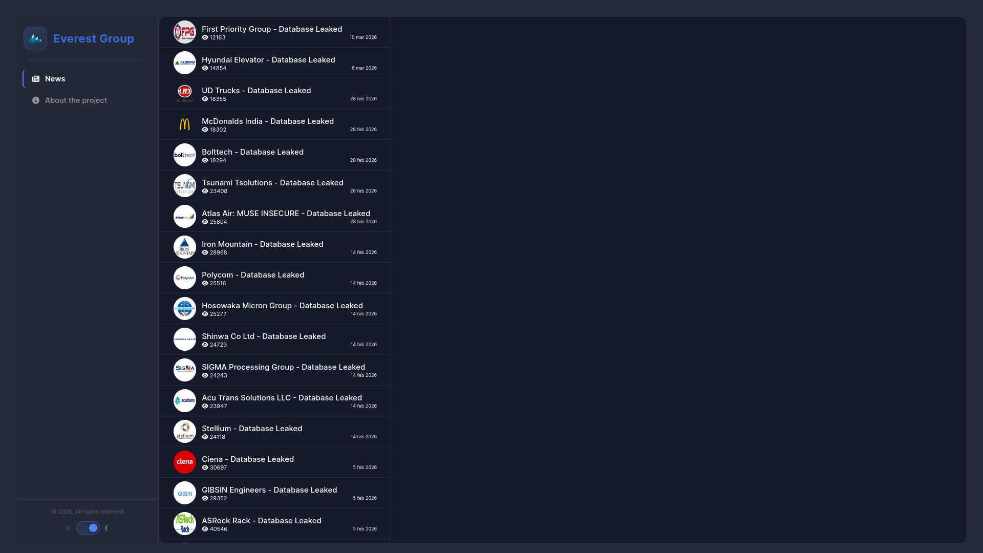 Screenshot of Hyundai Elevator - Database Leaked 10152 6 mar 2026 leak page