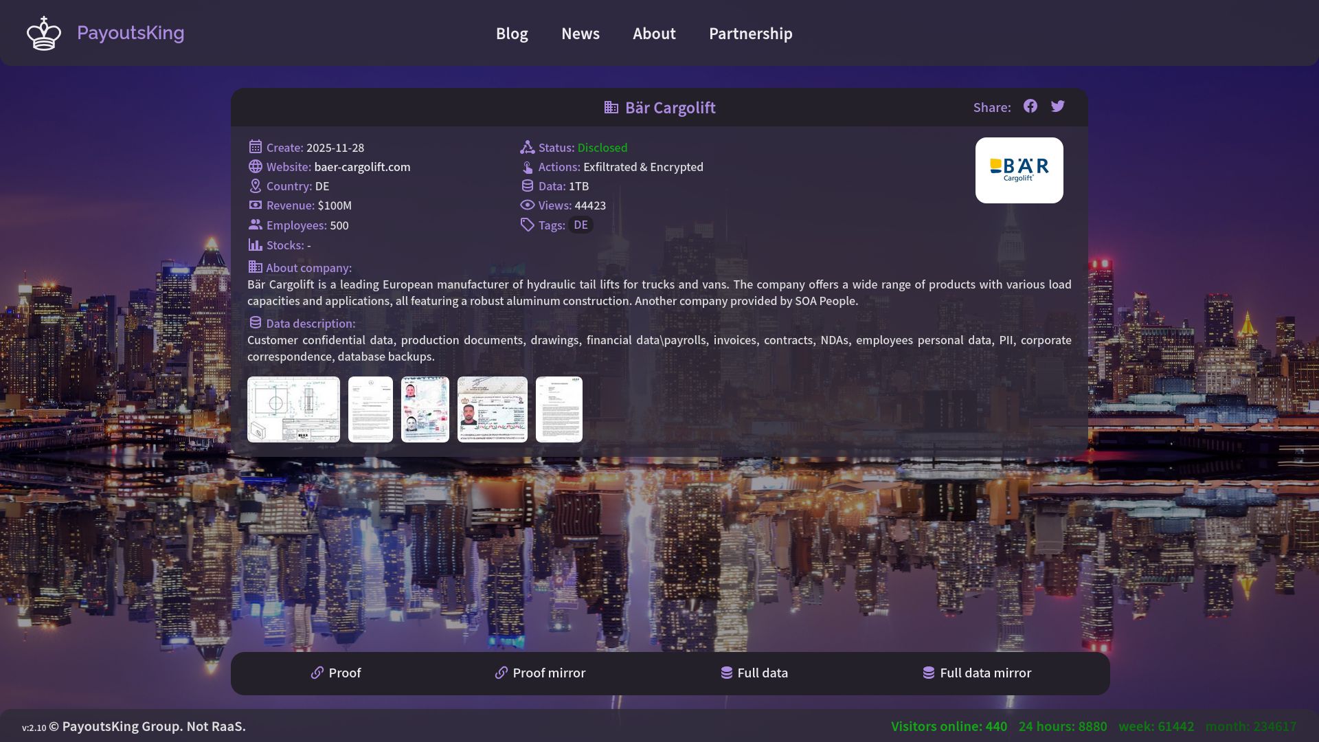 Screenshot of Bär Cargolift leak page