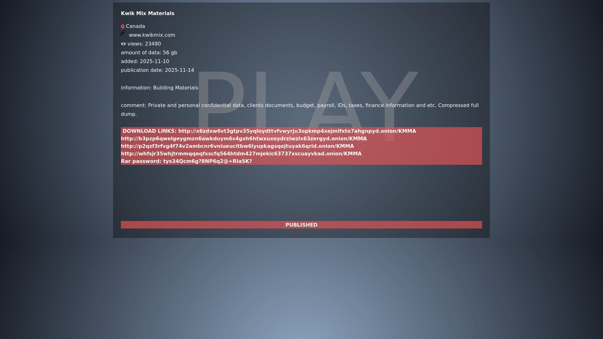 Screenshot of Kwik Mix Materials leak page