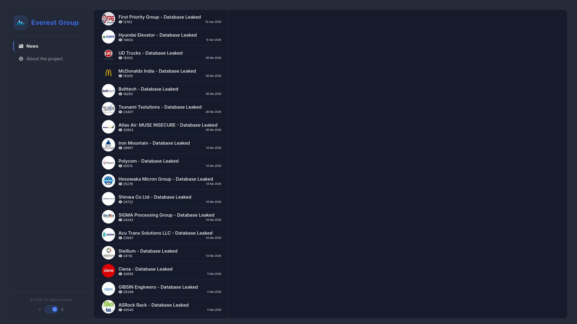 Screenshot of Hyundai Elevator - Database Leaked 13351 6 mar 2026 leak page