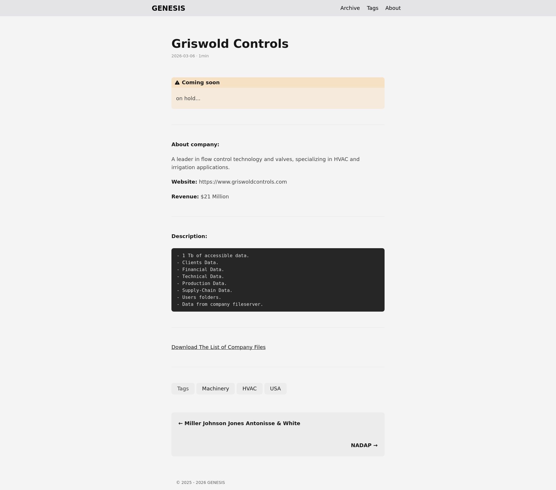 Screenshot of Griswold Controls leak page