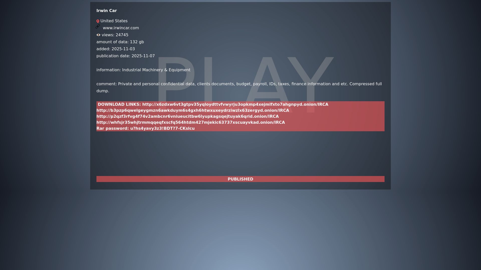 Screenshot of Irwin Car leak page