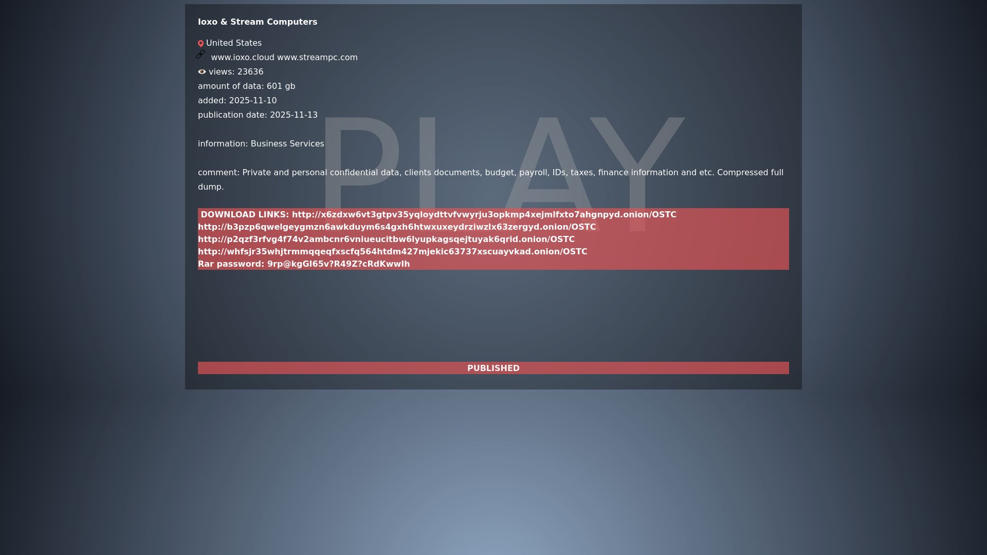 Screenshot of Ioxo & Stream Computers leak page
