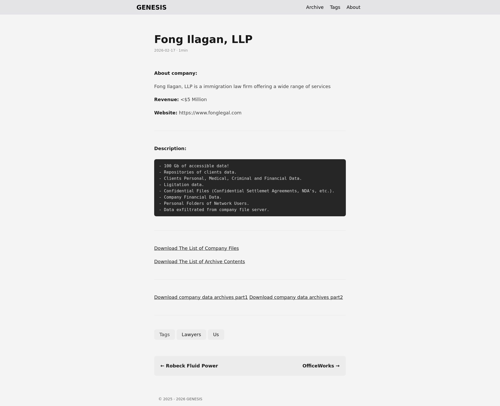 Screenshot of Fong Ilagan, LLP leak page