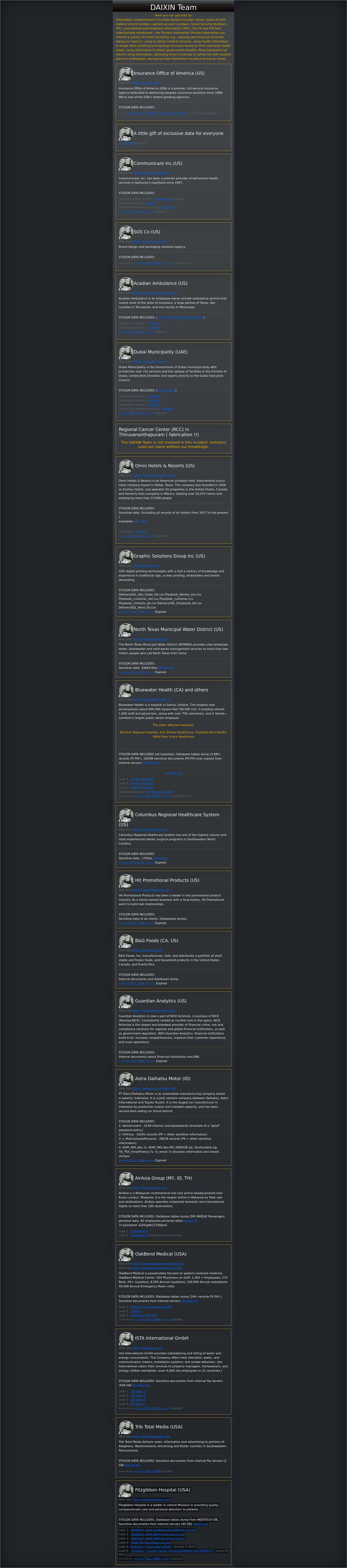 Screenshot of Communicare Inc. leak page