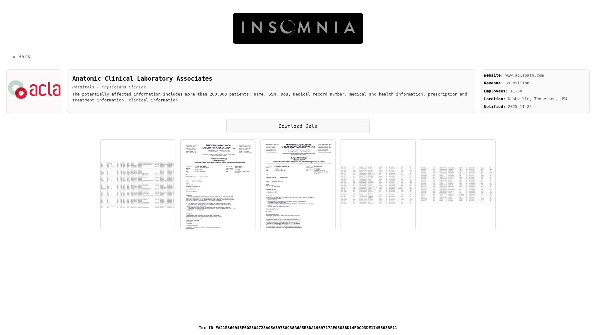 Screenshot of Anatomic Clinical Laboratory Associates leak page