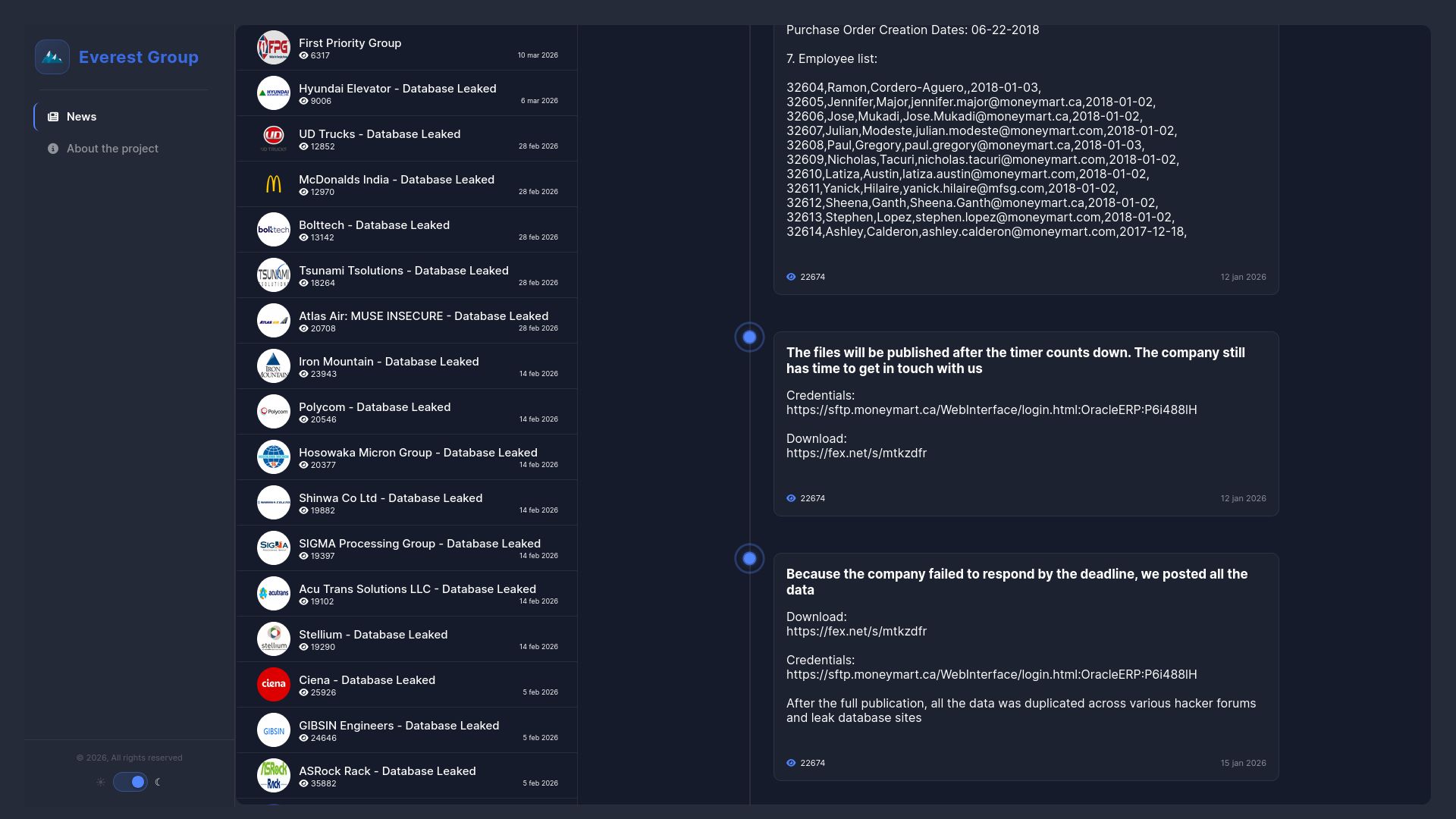 Screenshot of National Money Mart Company - Database leaked leak page