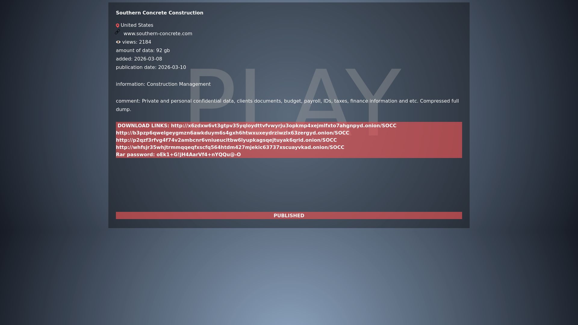 Screenshot of Southern Concrete Construction leak page