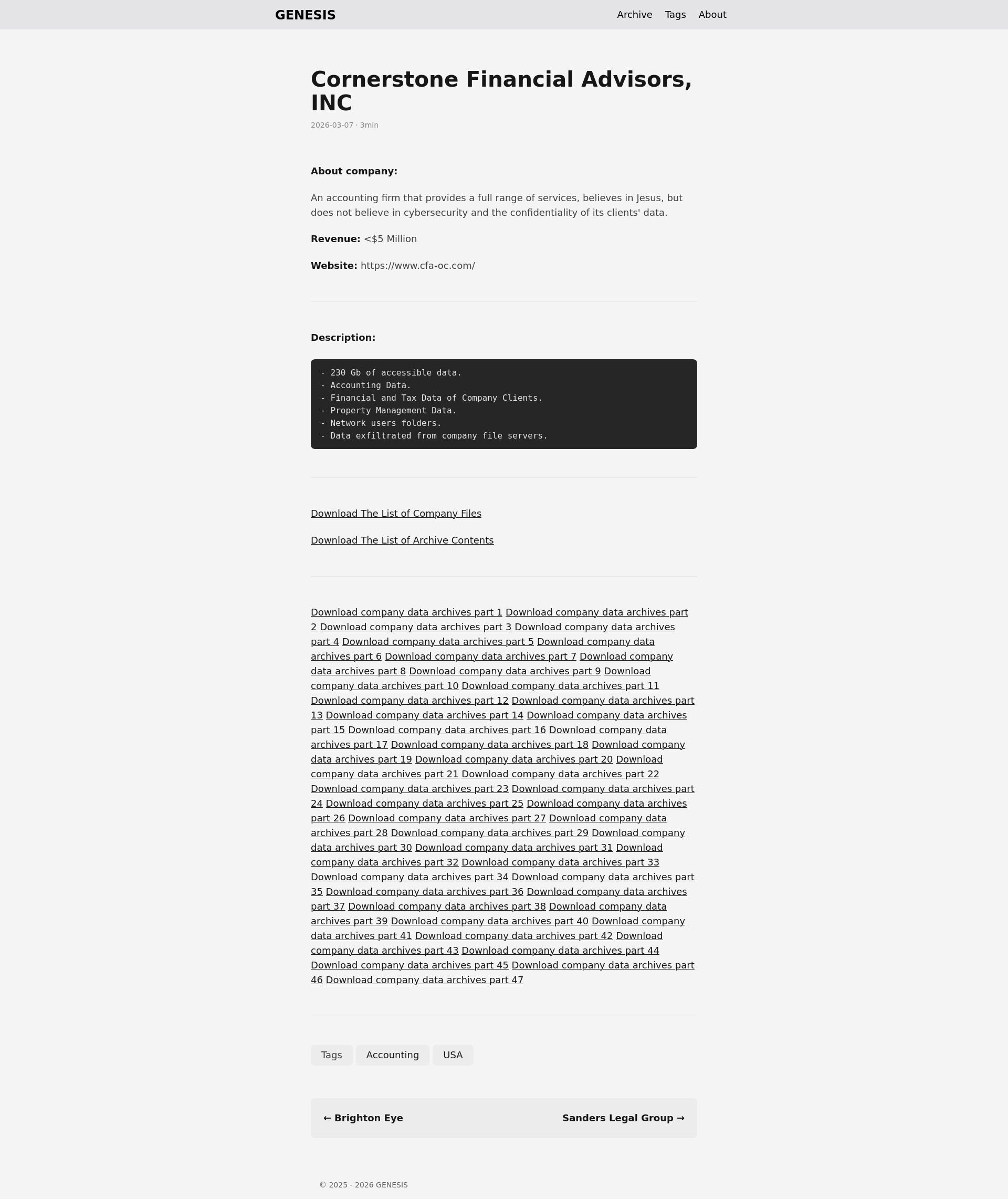 Screenshot of Cornerstone Financial Advisors, INC leak page