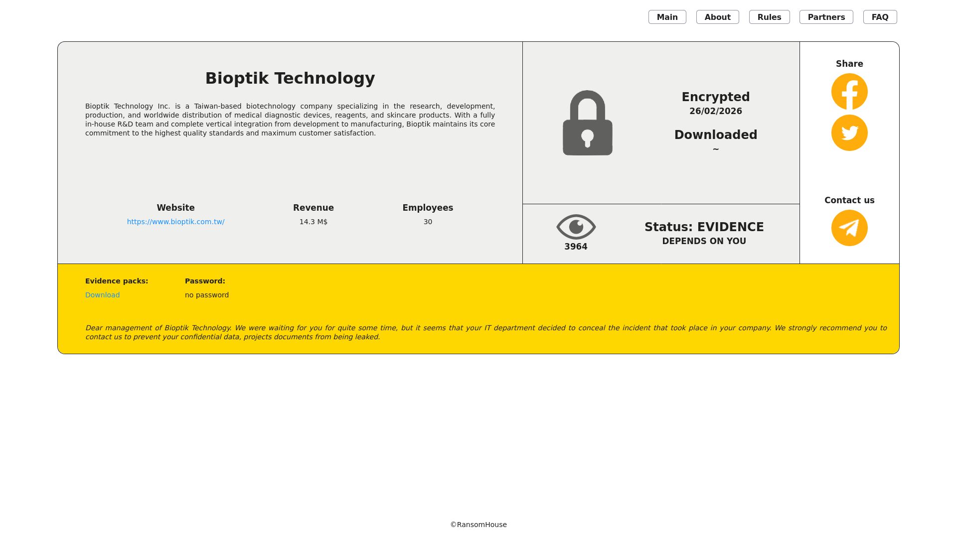 Screenshot of Bioptik Technology leak page